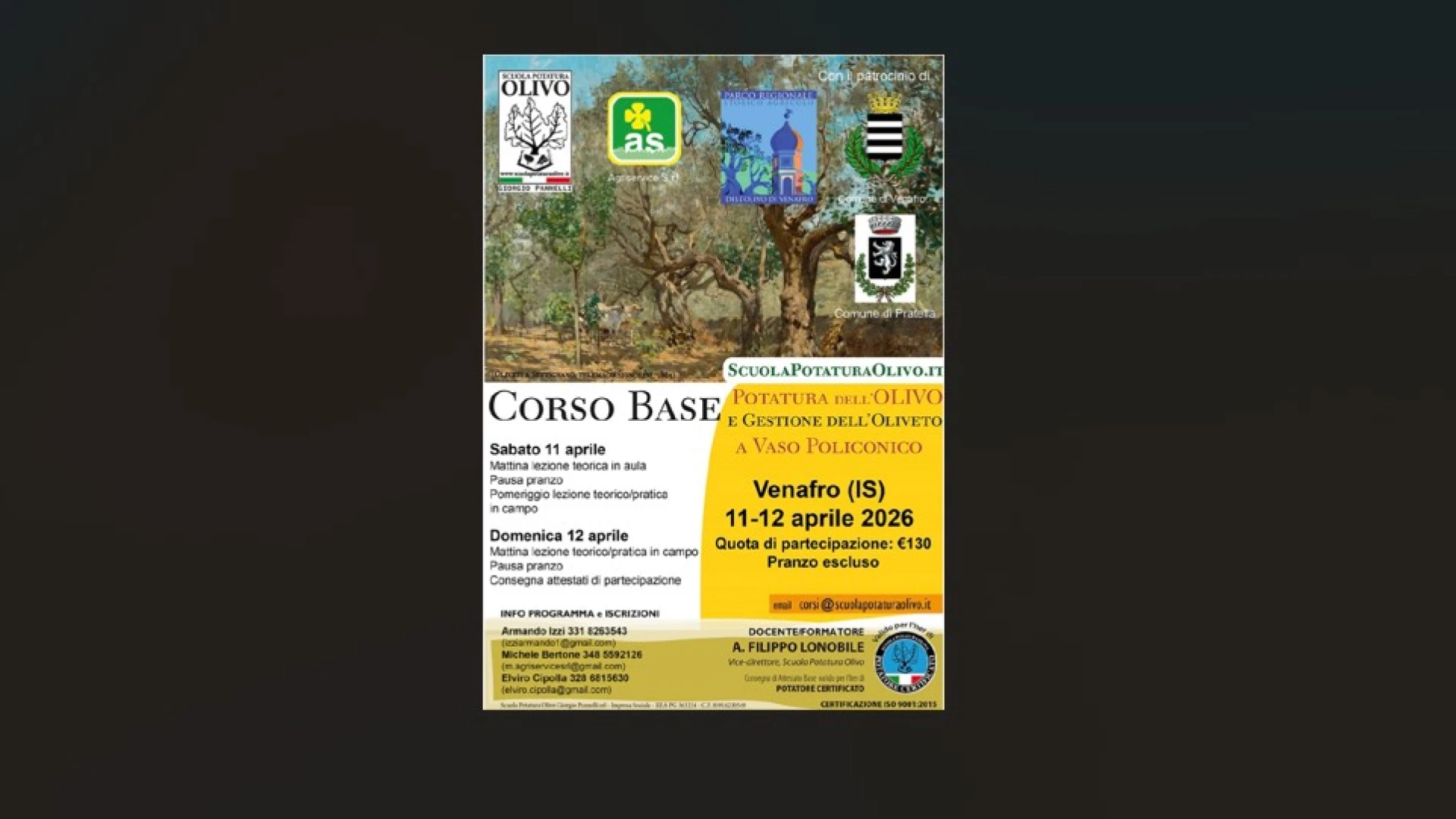 Corso di potatura dell’olivo presso il parco regionale di Venafro. Appuntamento nel weekend dell’11 e 12 aprile.